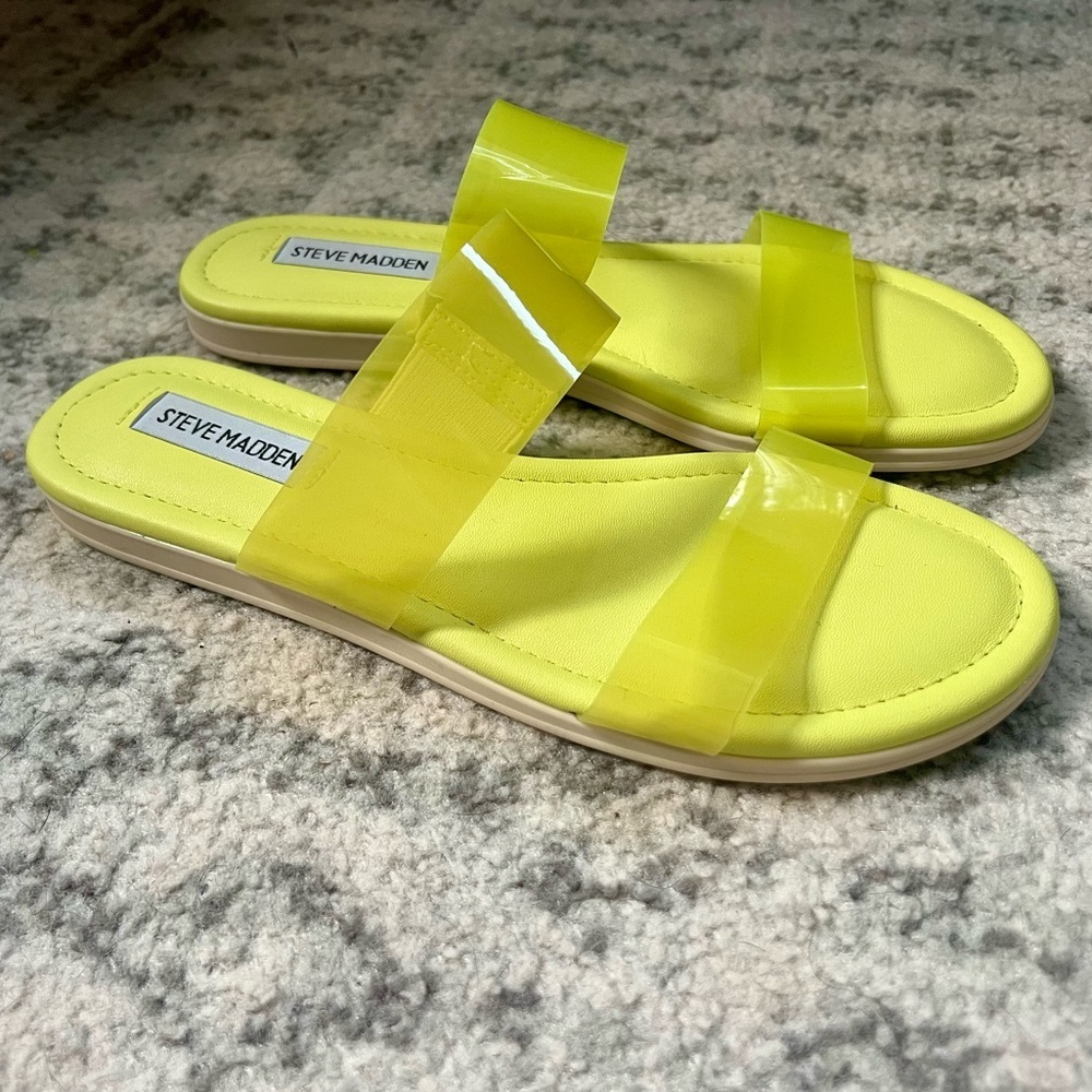 Steve Madden Greer Double Strap Sandals Green Yellow Slides - Picture 4 of 15